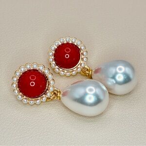 Elegant Red and Pearl Teardrop Dangle Drop Statement Earrings
